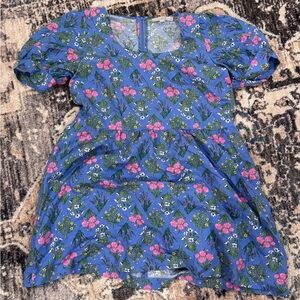 LOFT Blue Floral Puff-Sleeve Dress with Pink & Green Accents